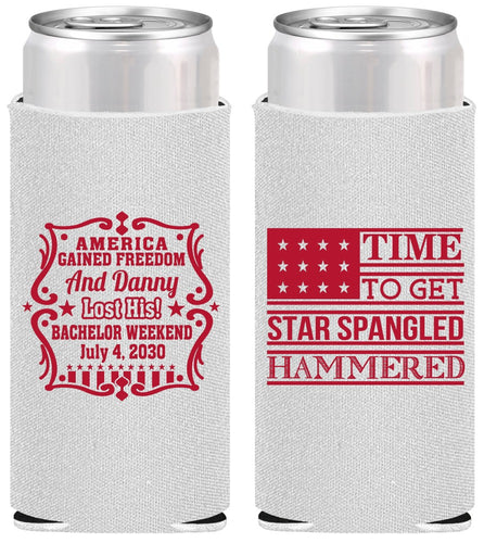 Personalized Bachelor Party Slim Can Coolers - Star Spangled Hammered | 40032