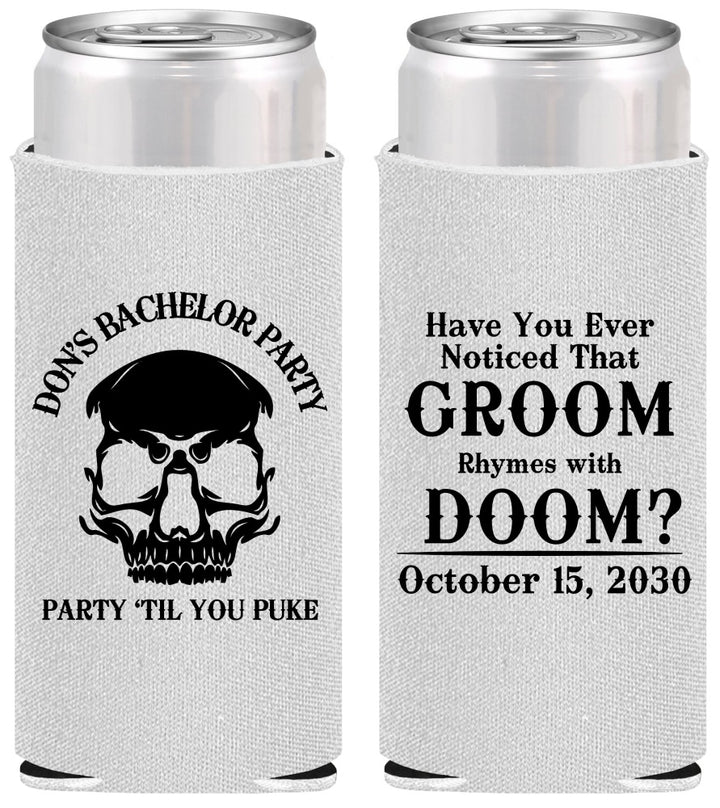 Personalized Bachelor Party Slim Can Coolers - Groom Doom Skull | 40041