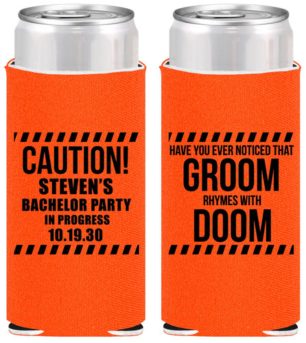 Personalized Bachelor Party Slim Can Coolers - Groom Rhymes Doom | 40042