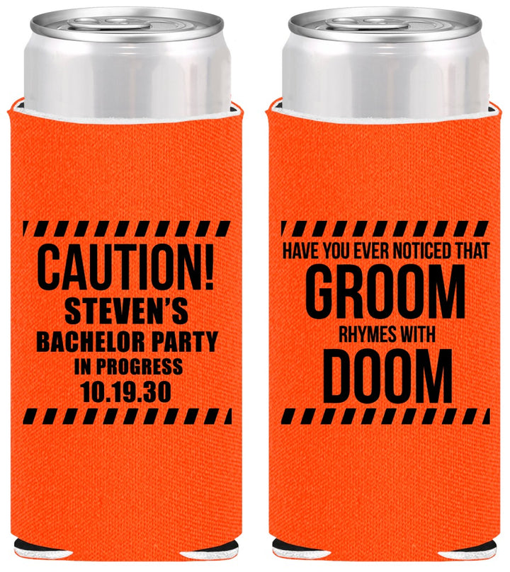 Personalized Bachelor Party Slim Can Coolers - Groom Rhymes Doom | 40042