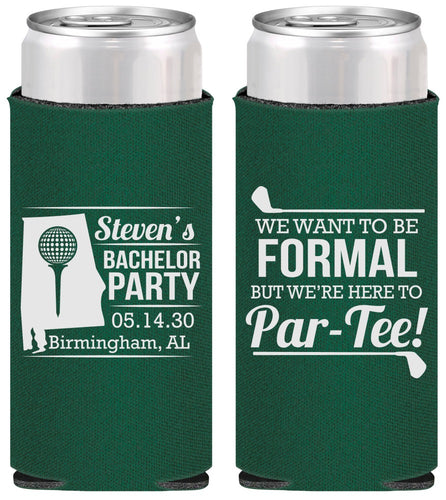 Personalized Bachelor Party Slim Can Coolers - Golf Par Tee | 40043