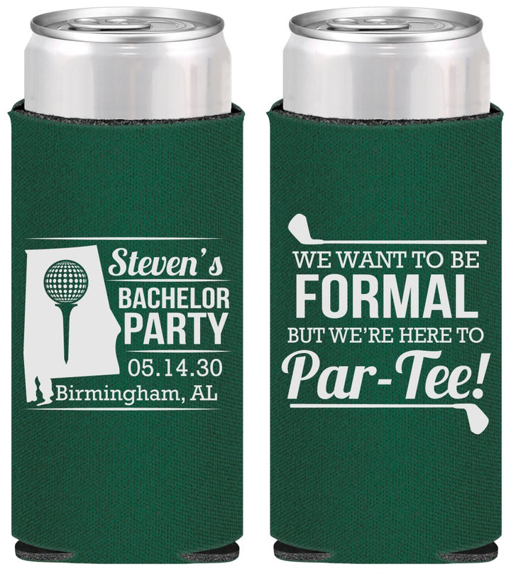 Personalized Bachelor Party Slim Can Coolers - Golf Par Tee | 40043