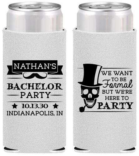 Personalized Bachelor Party Slim Can Coolers - Formal Skeleton | 40048