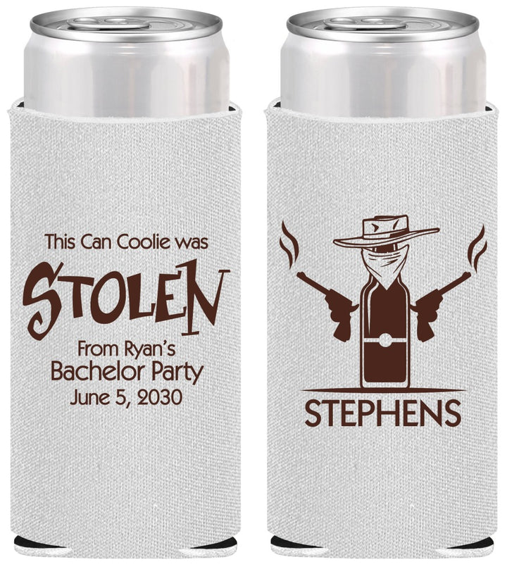 Personalized Bachelor Party Slim Can Coolers - Stolen | 40049