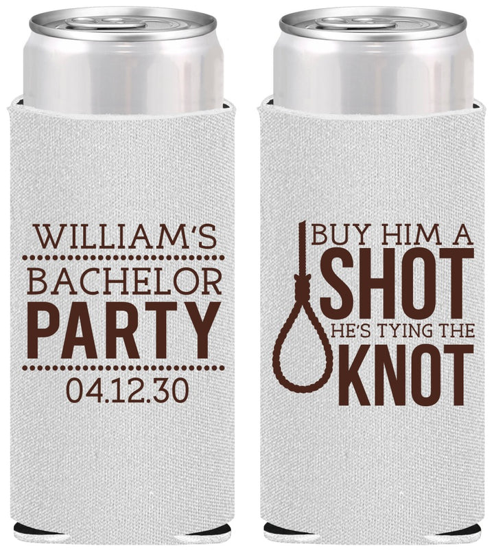 Personalized Bachelor Party Slim Can Coolers - Buy Him A Shot | 40051