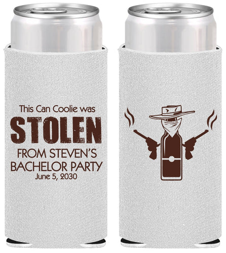 Personalized Bachelor Party Slim Can Coolers - Stolen | 40053