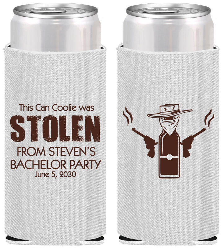 Personalized Bachelor Party Slim Can Coolers - Stolen | 40053