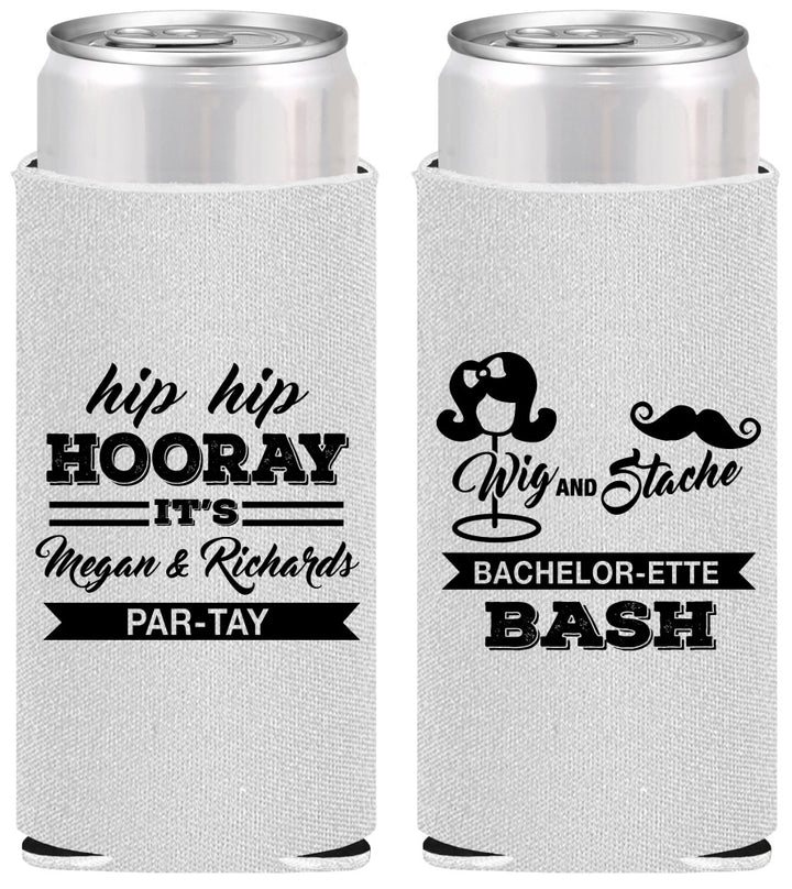 Personalized Bachelor Party Slim Can Coolers - Wig Or Stache | 40058