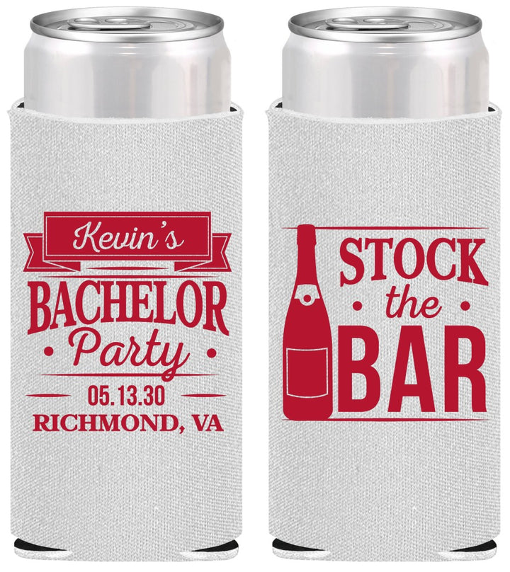 Personalized Bachelor Party Slim Can Coolers - Stock The Bar | 40073