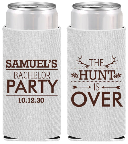 Personalized Bachelor Party Slim Can Coolers - Hunt Is Over | 40084