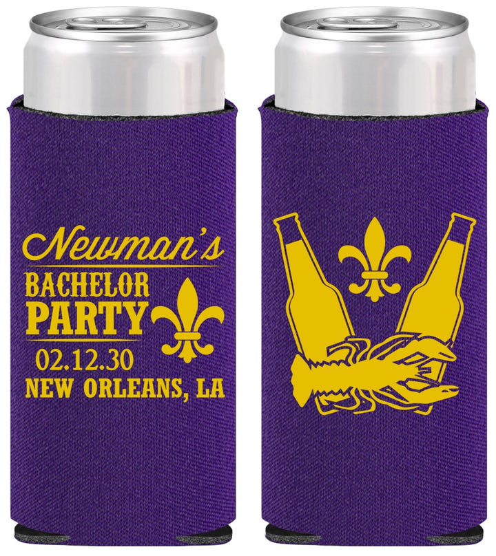 Personalized Bachelor Party Slim Can Coolers - Mardi Gras | 40085