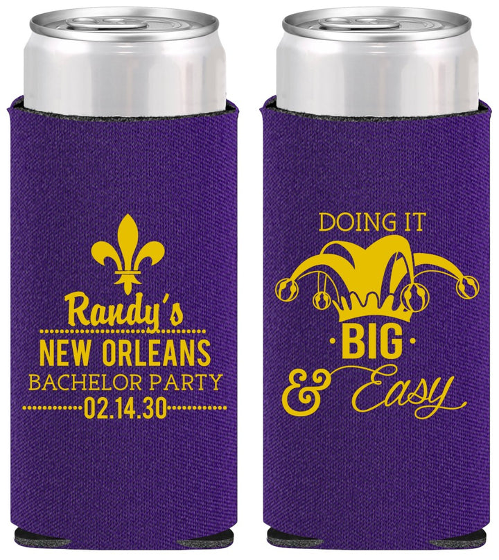 Personalized Bachelor Party Slim Can Coolers - Mardi Gras | 40089