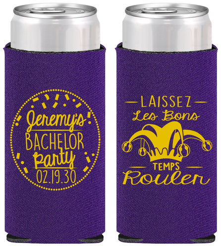 Personalized Bachelor Party Slim Can Coolers - Mardi Gras | 40090