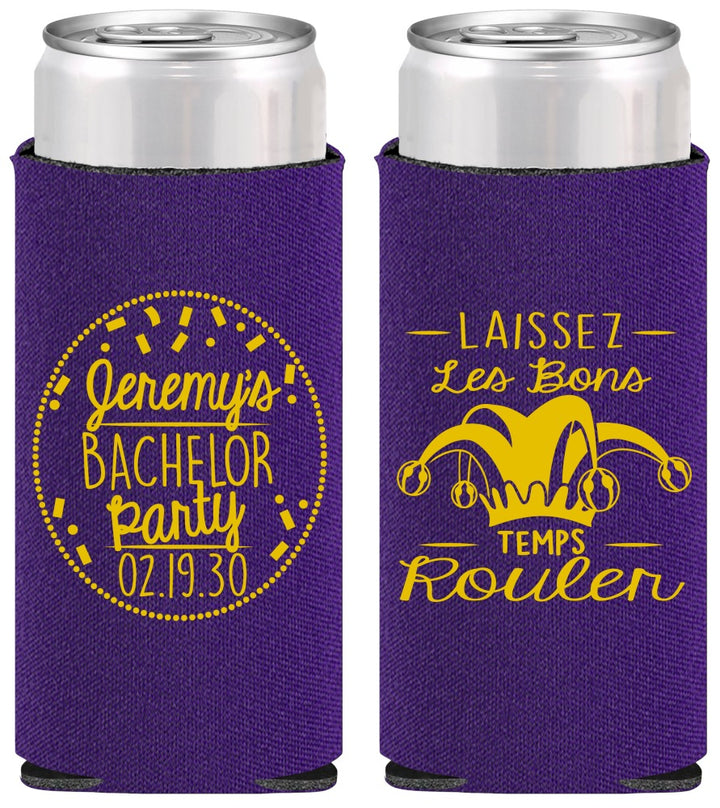 Personalized Bachelor Party Slim Can Coolers - Mardi Gras | 40090