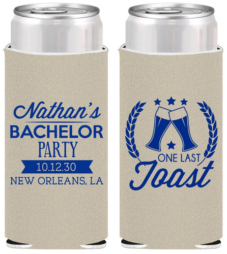 Personalized Bachelor Party Slim Can Coolers - One Last Toast | 40095