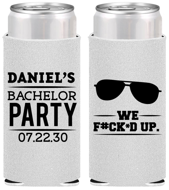 Personalized Bachelor Party Slim Can Coolers - We Fucked Up | 40099