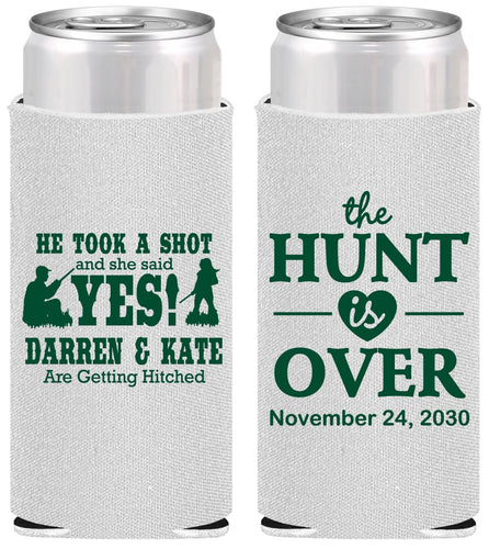 Personalized Wedding Slim Can Coolers - The Hunt Is Over | 403