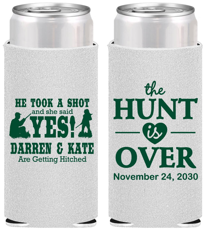 Personalized Wedding Slim Can Coolers - The Hunt Is Over | 403