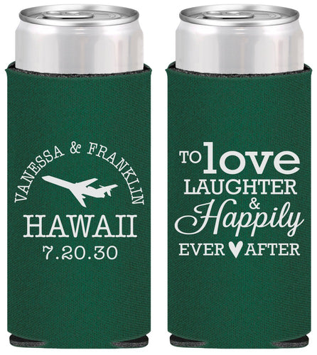 Personalized Wedding Slim Can Coolers - Love Laughter Happily | 404