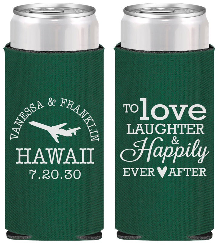 Personalized Wedding Slim Can Coolers - Love Laughter Happily | 404