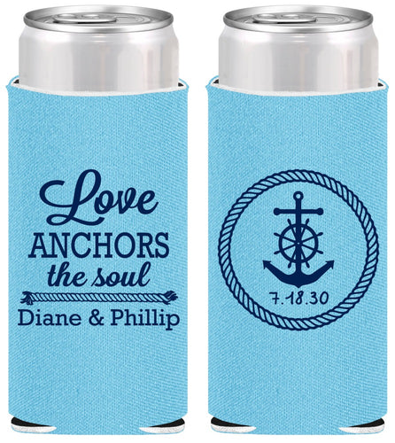 Personalized Wedding Slim Can Coolers - Love Anchors The Soul | 405