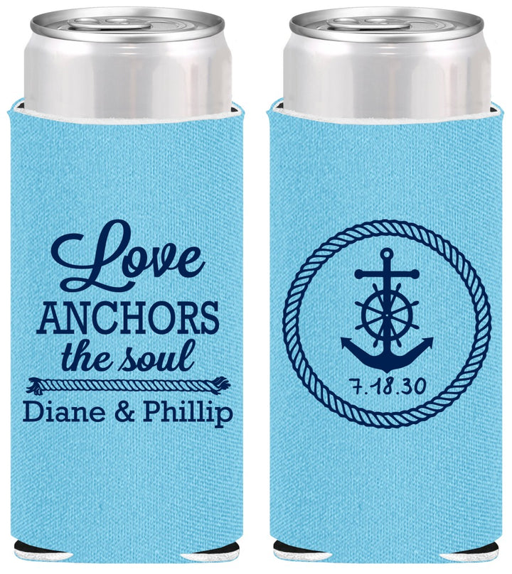 Personalized Wedding Slim Can Coolers - Love Anchors The Soul | 405