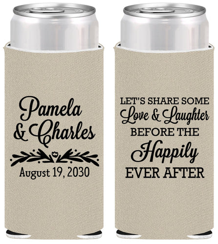 Personalized Wedding Slim Can Coolers - Love Laughter Happily | 409