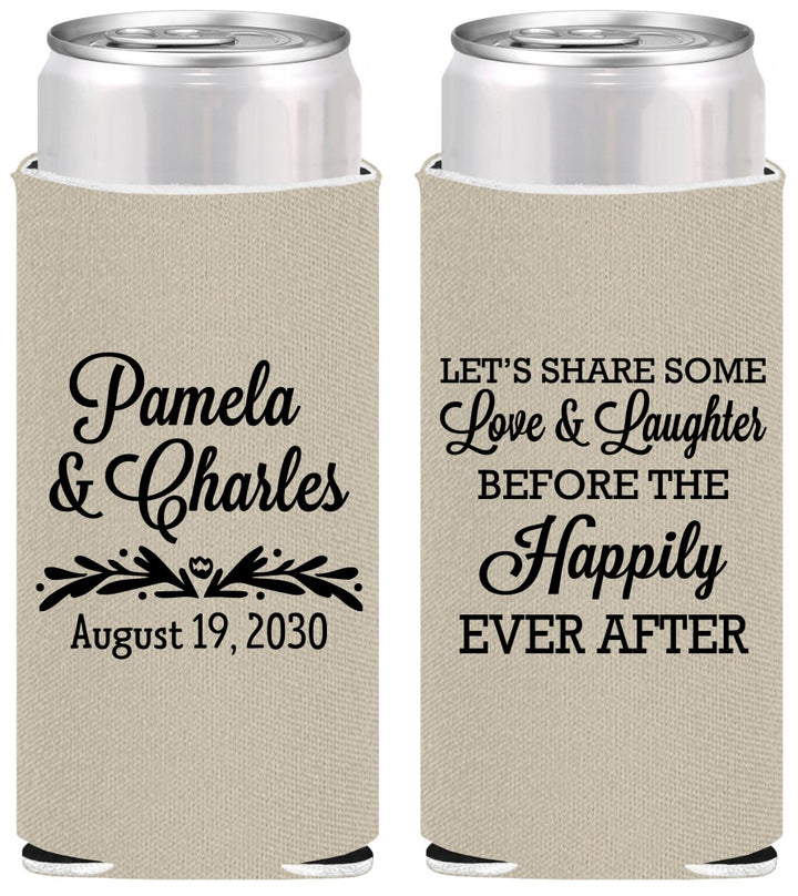 Personalized Wedding Slim Can Coolers - Love Laughter Happily | 409