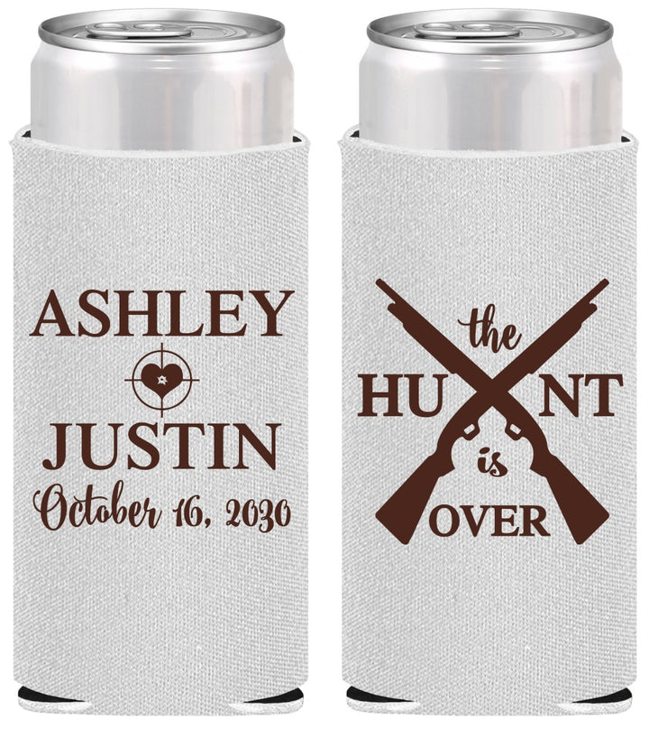 Personalized Wedding Slim Can Coolers - The Hunt Is Over | 412