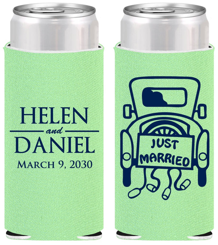 Personalized Wedding Slim Can Coolers - Just Married Old Car | 413