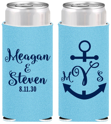 Personalized Wedding Slim Can Coolers - Monogram Nautical | 414
