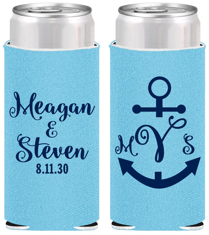 Personalized Wedding Slim Can Coolers - Monogram Nautical | 414