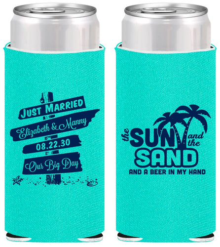 Personalized Wedding Slim Can Coolers - Sun Sand Drink In My Hand | 416