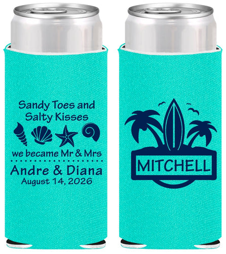 Personalized Wedding Slim Can Coolers - Sandy Toes Salty Kisses | 419
