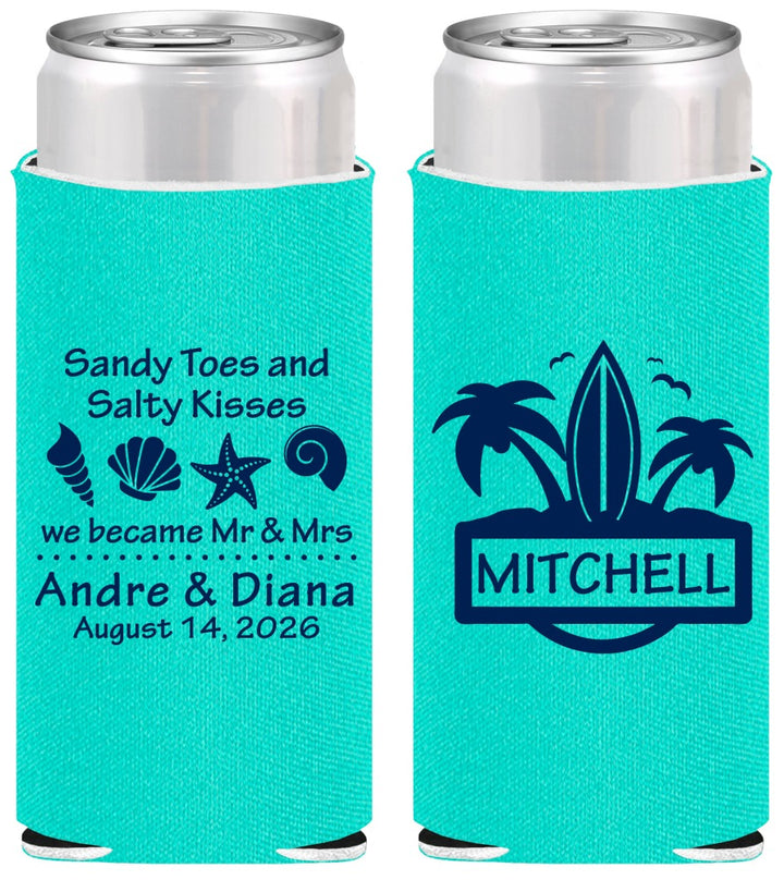 Personalized Wedding Slim Can Coolers - Sandy Toes Salty Kisses | 419