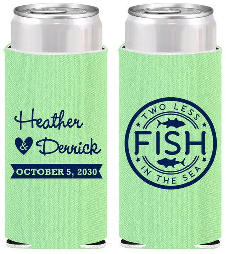 Personalized Wedding Slim Can Coolers - Two Less Fish In The Sea | 420