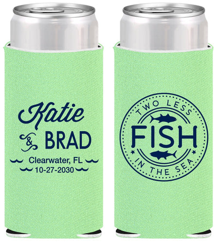 Personalized Wedding Slim Can Coolers - Two Less Fish In The Sea | 421