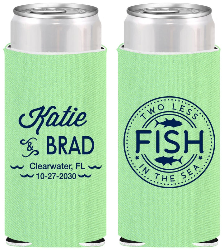 Personalized Wedding Slim Can Coolers - Two Less Fish In The Sea | 421