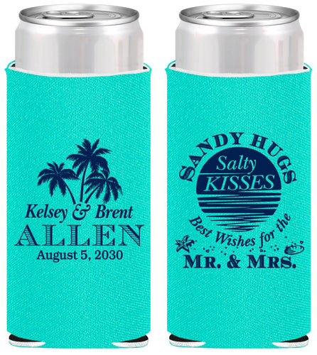 Personalized Wedding Slim Can Coolers - Sandy Hugs Salty Kisses | 425