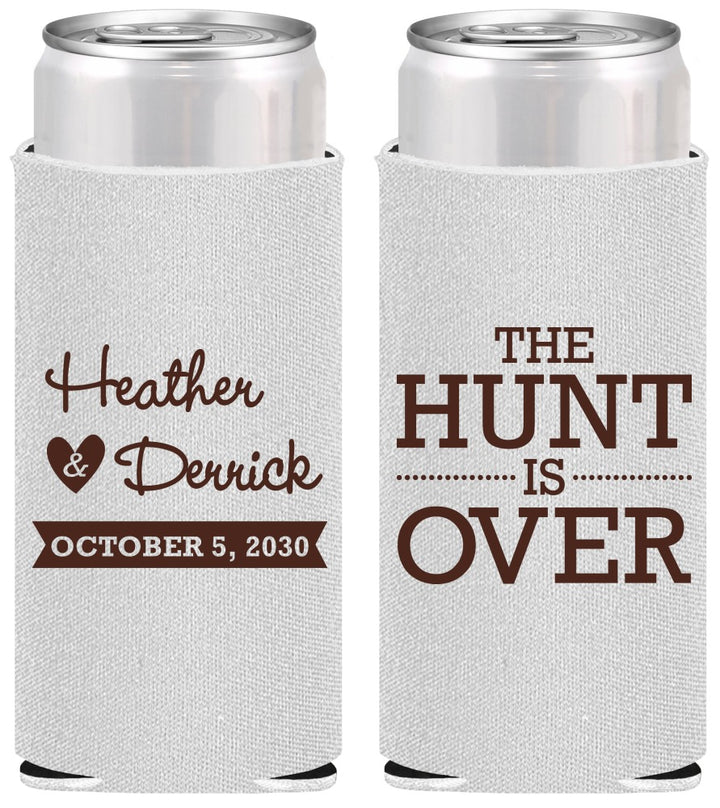 Personalized Wedding Slim Can Coolers - The Hunt Is Over | 427