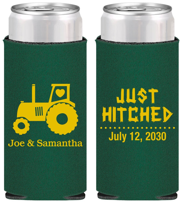 Personalized Wedding Slim Can Coolers - Just Hitched Tractor | 429