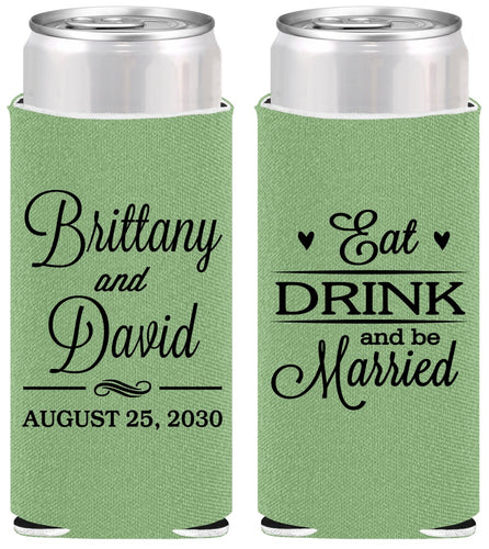 Personalized Wedding Slim Can Coolers - Eat Drink Be Married | 430