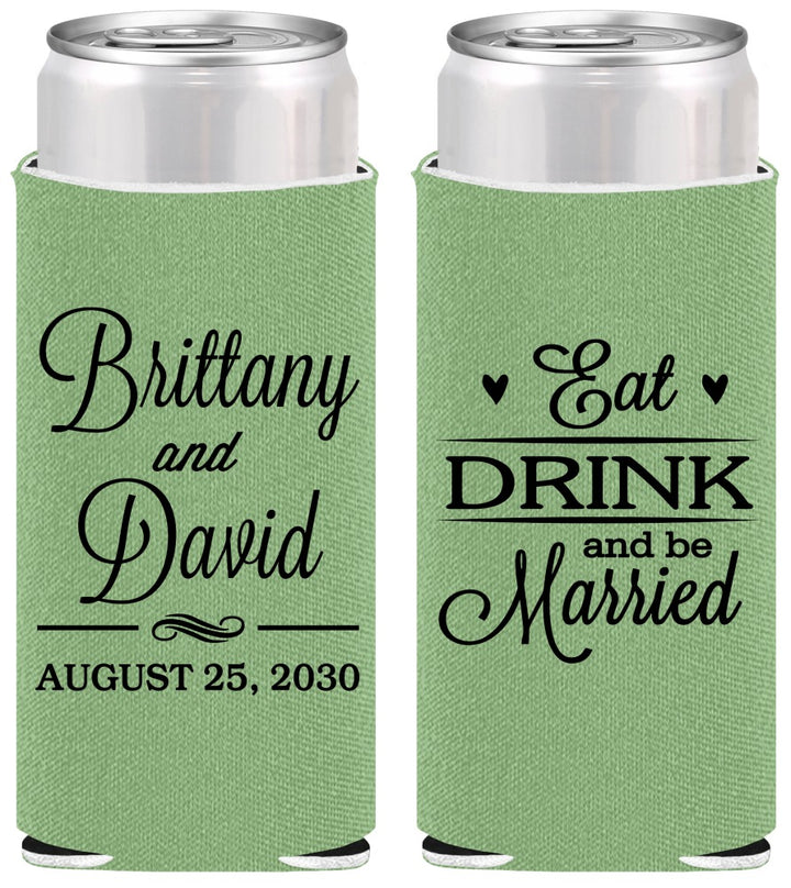 Personalized Wedding Slim Can Coolers - Eat Drink Be Married | 430