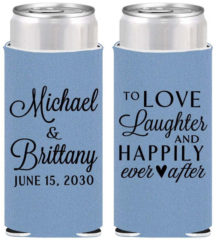 Personalized Wedding Slim Can Coolers - Love Laughter Happily | 432