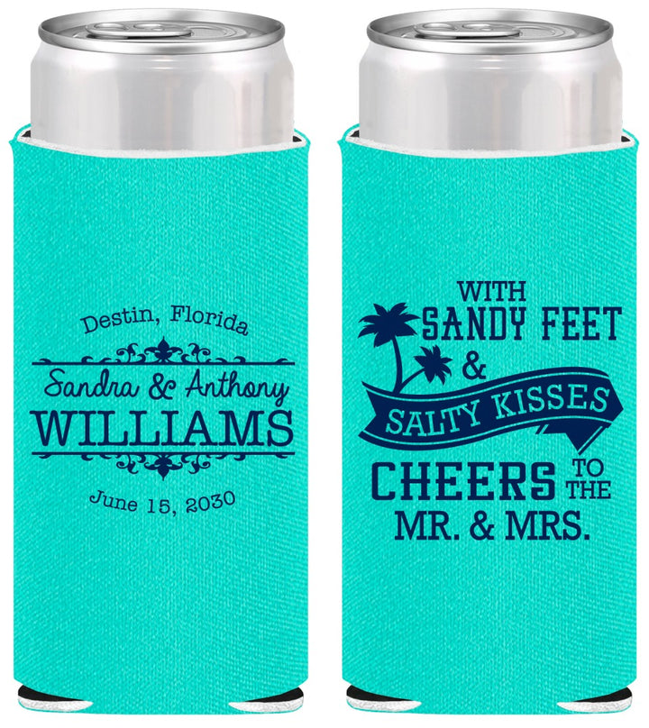 Personalized Wedding Slim Can Coolers - Sandy Feet Salty Kisses | 434