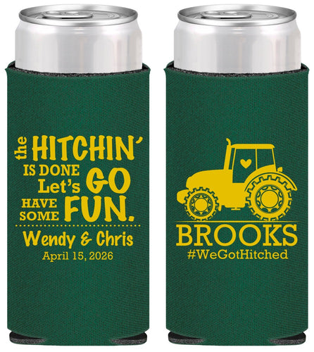 Personalized Wedding Slim Can Coolers - Tractor Hitchin | 448