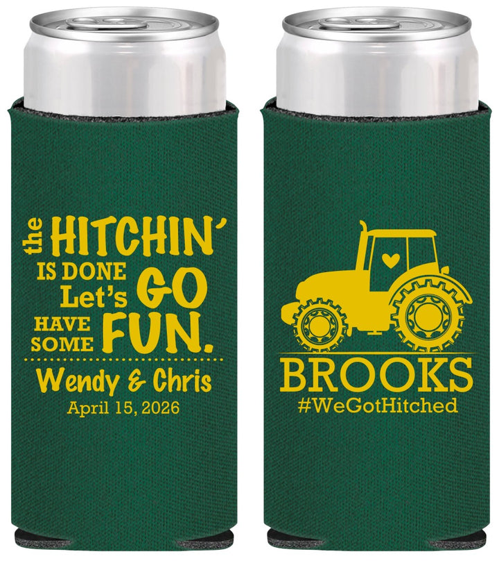 Personalized Wedding Slim Can Coolers - Tractor Hitchin | 448