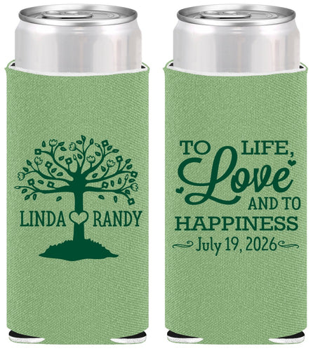 Personalized Wedding Slim Can Coolers - Love And Happiness | 451