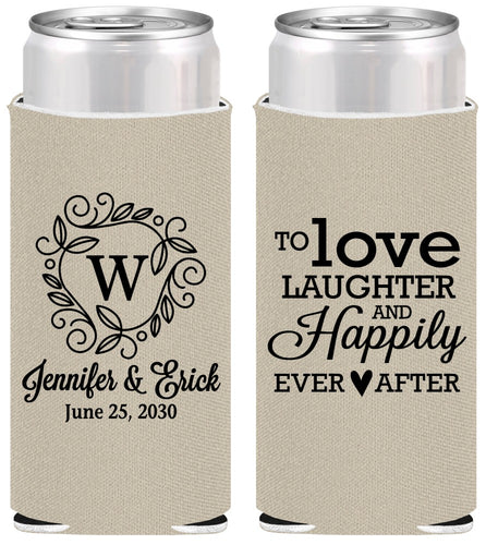 Personalized Wedding Slim Can Coolers - Love Laughter Happily | 461