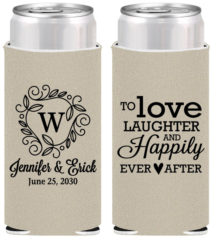Personalized Wedding Slim Can Coolers - Love Laughter Happily | 461